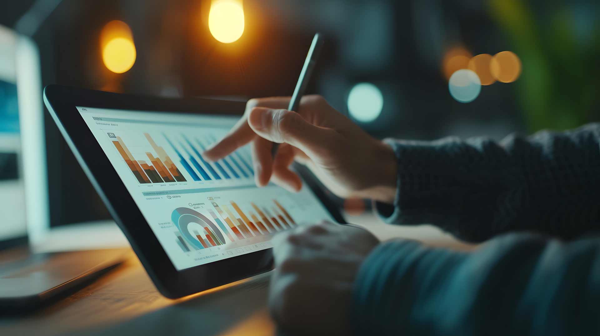 closeup of mans hands-reading-business-stats-on-tablet